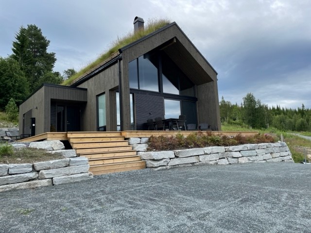 Modell B1 hytte sommerstid — mørkt trepanel, torvtak, stor glassfasade og terrasse med steinmur